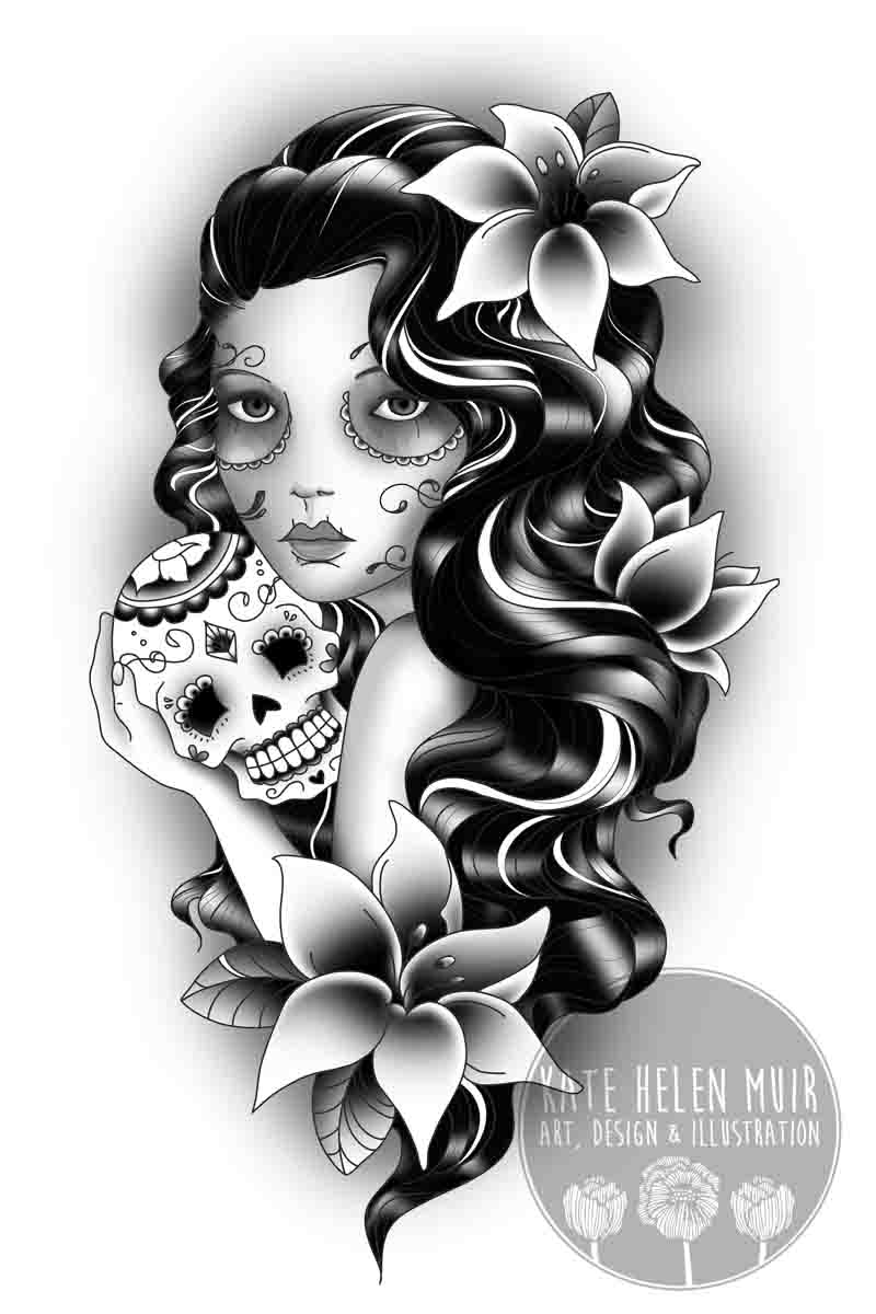 Custom Gypsy And Sugar Skull Tattoo Design Katehelenmuir